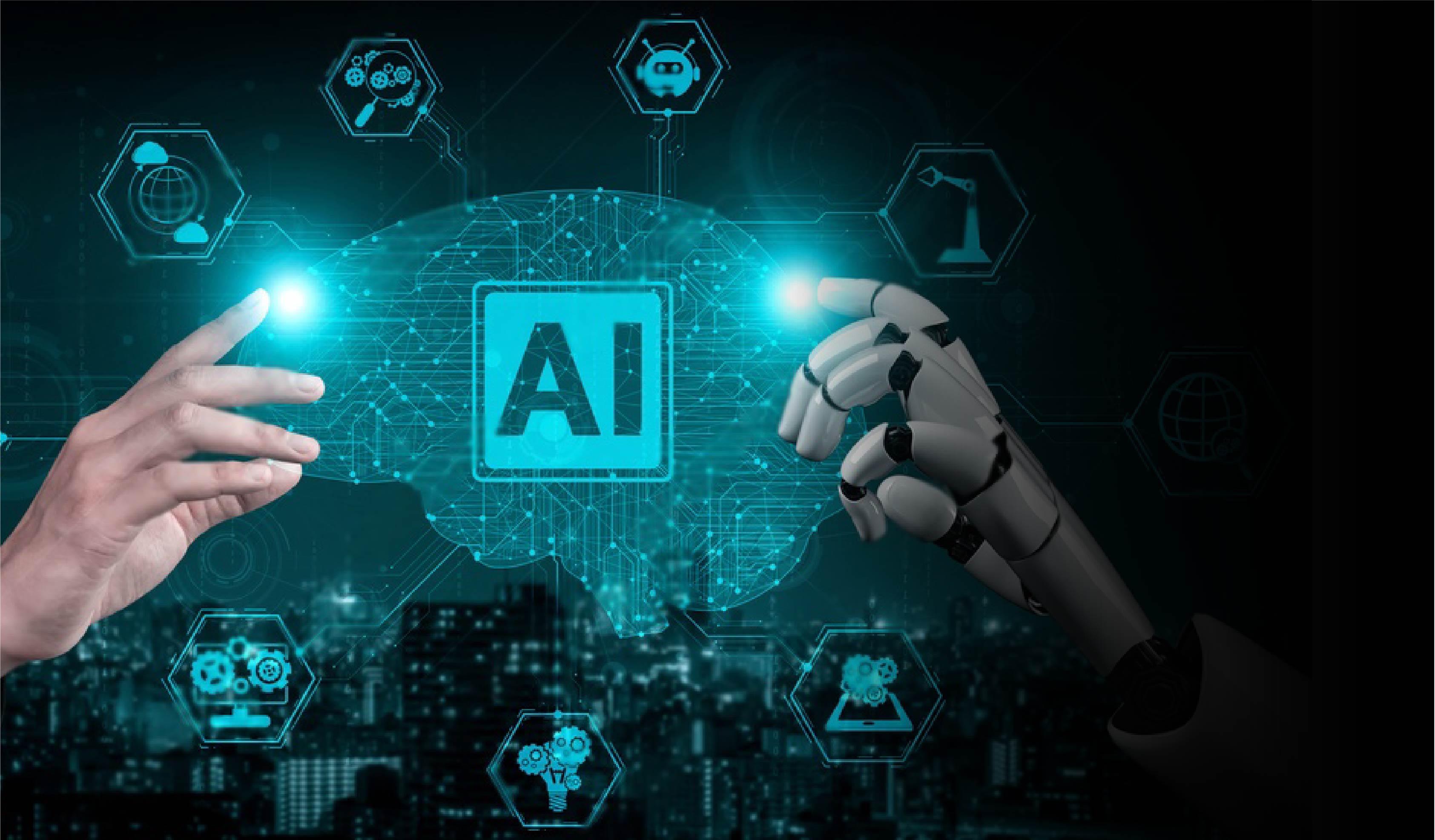 Human and robotic hands representing artificial intelligence